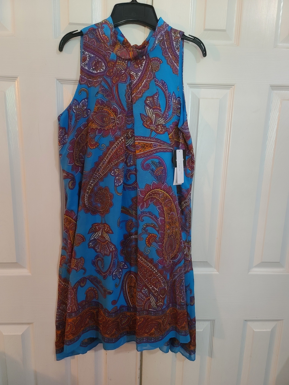 Robbie Bee Blue Paisley Dress with Orange and Purple Details